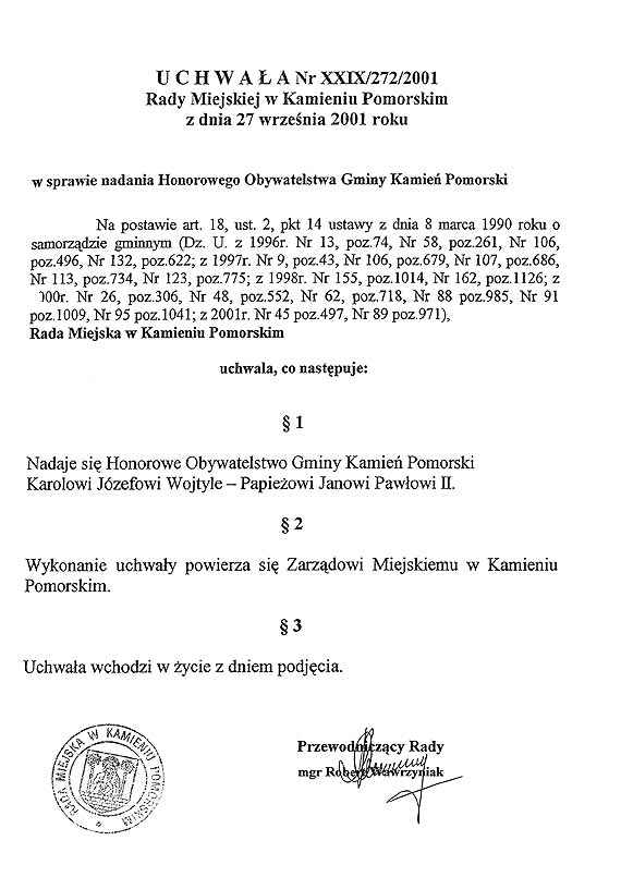 Uchwała XXIX/272/2001 Rady Miejskiej w Kamieniu Pomorskim