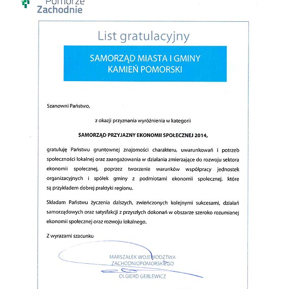 Wyrnienie dla Kamienia w kategorii samorzd przyjazny ekonomii spoecznej