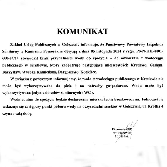 Szanowni mieszkacy Gminy Golczewo! Woda nie moe by wykorzystywana do picia i na potrzeby gospodarcze!