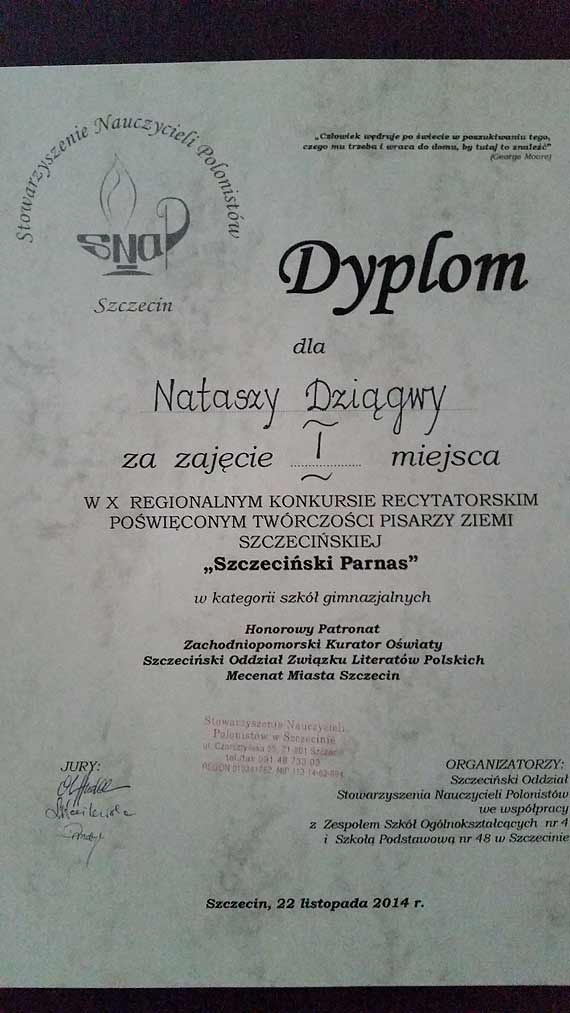 Sukces Nataszy Dziągwy w konkursie recytatorskim "Szczeciński Parnas"