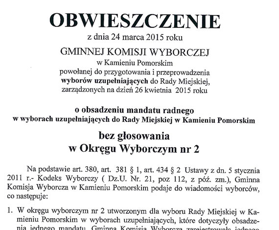 W Kamieniu Pomorskim nastpi wybr milczcy czyli obsadzenie mandatw radnych bez gosowania
