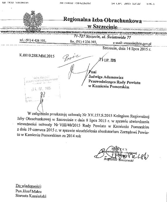 Zarzd Powiatu w Kamieniu Pomorskim bez absolutorium