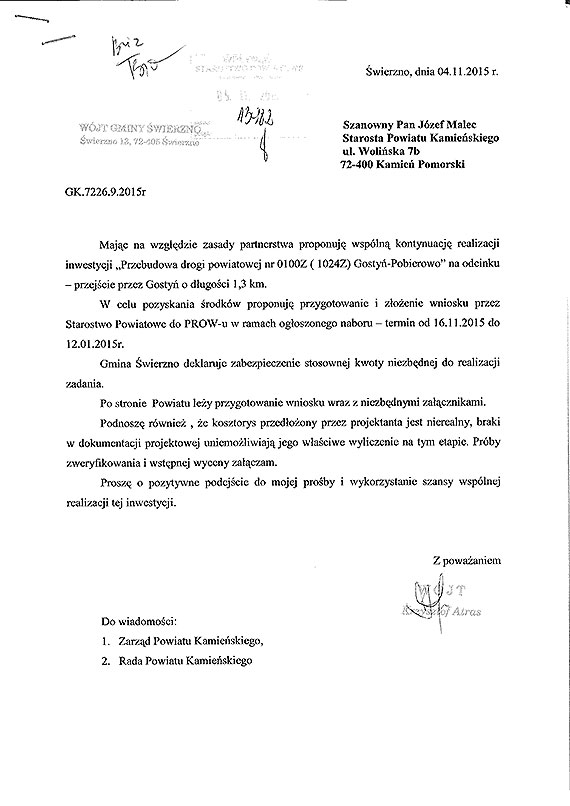 „Po stronie Powiatu leży…” pismem z błędami Wójt Świerzna proponuje współpracę