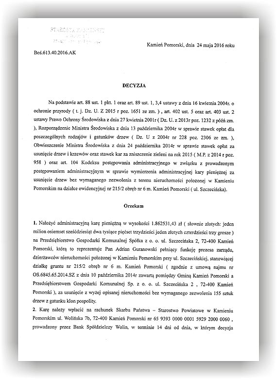 Milion osiemset tysięcy złotych kary administracyjnej ma zapłacić PGK Spółka z o.o. w Kamieniu Pomorskim za nielegalne wycięcie drzew