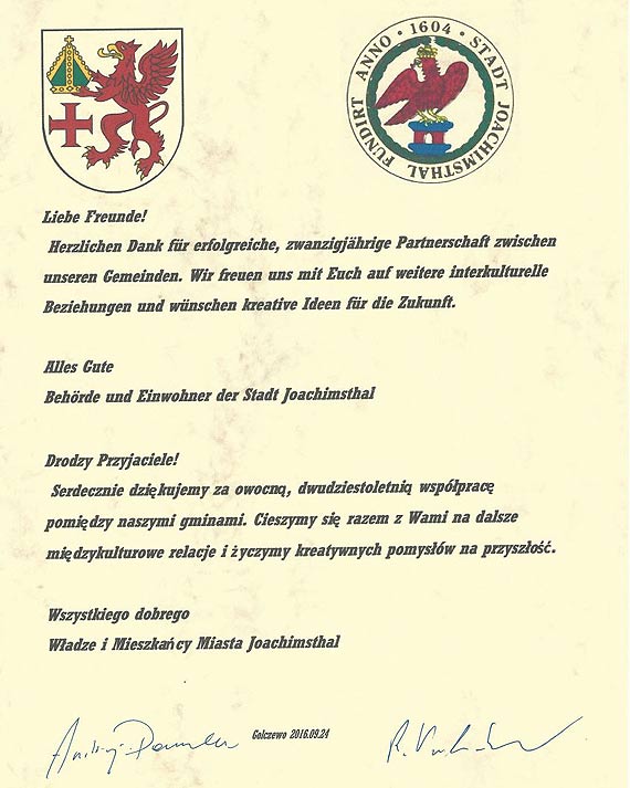 W tym roku mija 20. rocznica współpracy międzynarodowej pomiędzy Gminą Golczewo a niemieckim miastem Joachimsthal