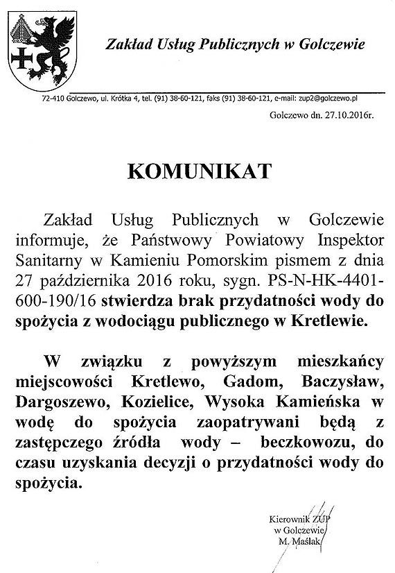 Woda z wodocigu w Kretlewie, nie nadaje si do spoycia! Podstawione zostay beczkowozy