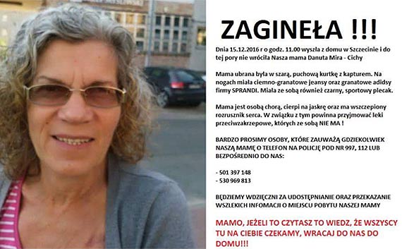 Widziana bya w pocigu relacji Szczecin - winoujcie. Zrozpaczona rodzina prosi o pomoc w odnalezieniu zaginionej Danuty Mira-Cichy