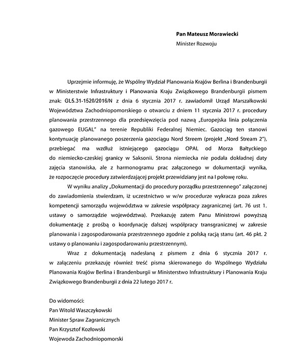 Marszaek Geblewicz prosi rzd o zainteresowanie si Nord Stream 2 i EUGAL