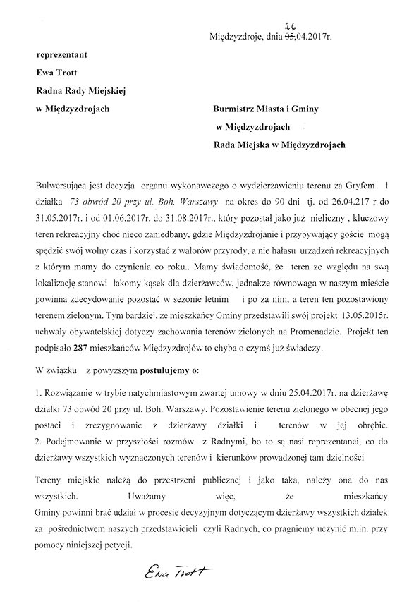 Radna Ewa Trott w imieniu grupy mieszkacw zoya petycj