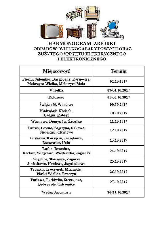 Harmonogram zbirki odpadw wielkogabarytowych oraz zuytego sprztu elektrycznego i elektronicznego na terenie gminy Wolin