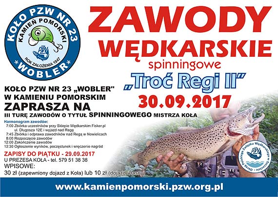 Zapraszamy na "TRO REGI II" - III Zawody Spinningowe Koa PZW nr 23 z Kamienia Pomorskiego w 2017r.