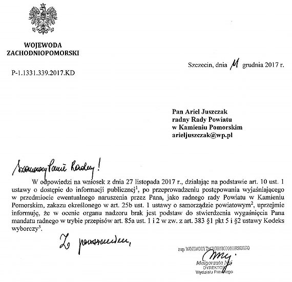 Wojewoda nie wygasi mandatu A. Juszczaka 