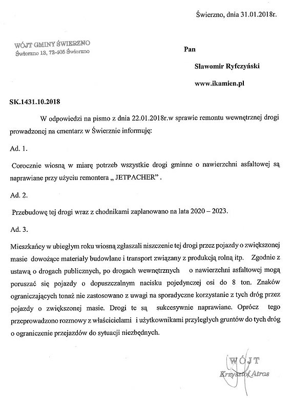 Wjt K.Atras odpowiada w sprawie remontu drogi w wierznie
