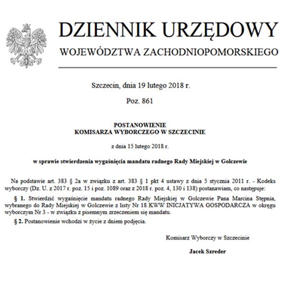 Marcin Stpie radny gminy Golczewo zrzek si mandatu