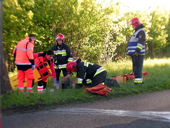 Skutkiem uderzenia w drzewo na sto trójce kompletnie spłonął samochód dostawczy
