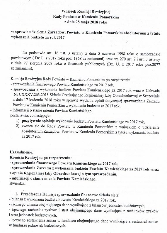 Zarzd Powiatu Kamieskiego otrzyma absolutorium z wykonania budetu za 2017 rok