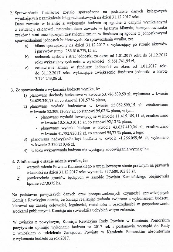 Zarzd Powiatu Kamieskiego otrzyma absolutorium z wykonania budetu za 2017 rok