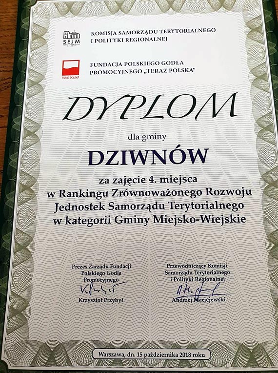 Kolejne wyrnienie dla Gminy Dziwnw