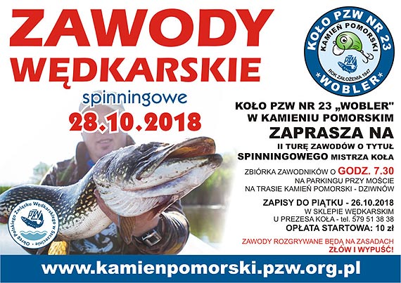 Zapraszamy na II tur zawodw wdkarskich o tytu Spinningowego Mistrza Koa PZW nr 23 "WOBLER" z Kamienia Pomorskiego w 2018r.