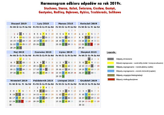 Harmonogram odbioru odpadw z terenu Gminy wierzno na 2019 rok