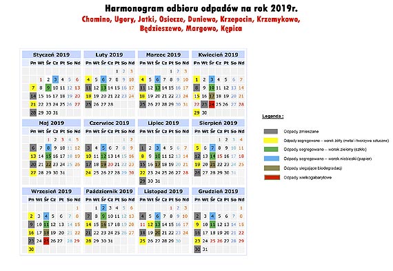 Harmonogram odbioru odpadw z terenu Gminy wierzno na 2019 rok