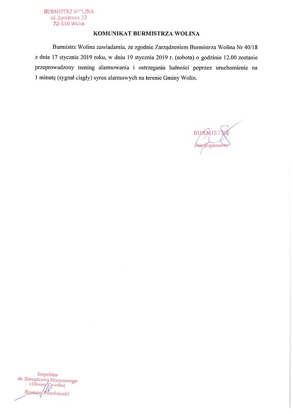 Komunikat Burmistrza Wolina