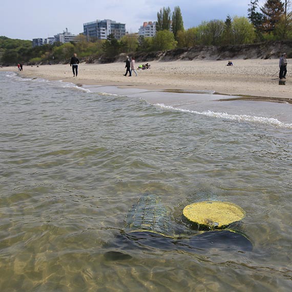 Krótka pamięć służb…. Pojemniki na śmieci rozsypują się w wodach miejskiej plaży!