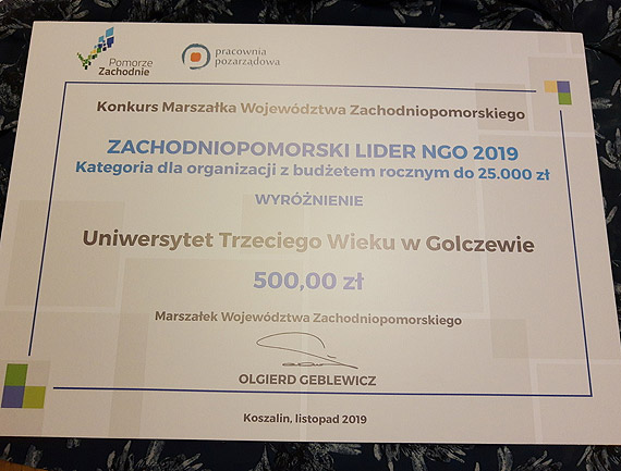 Wyrnienie UTW w Golczewie - Zachodniopomorski Lider NGO 2019