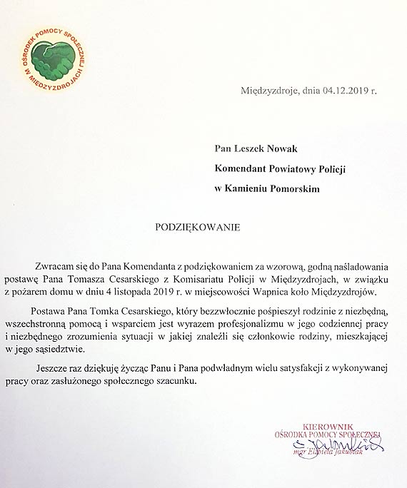 Podzikowania dla funkcjonariusza z Komisariatu Policji w Midzyzdrojach