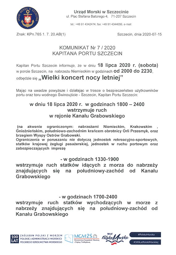 „Wielki Koncert Nocy Letniej” -  podczas trwania imprezy ulegnie zmianie ruch wodny
