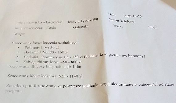 Na operacj mojej winki Zosi u ktrej zrobiy si cysty po obu stronach brzuszka mam na to ju tydzie pomcie ratowa Zosie