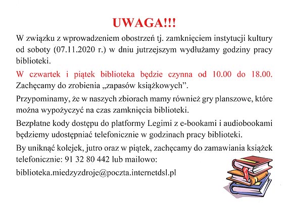 Informacja o jutrzejszych wyduonych godzinach otwarcia bibliotek