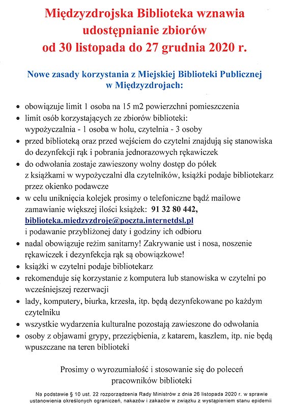 Mi�dzyzdrojska Biblioteka wznawia udost�pnianie zbior�w  od 30 listopada do 27 grudnia 2020 r.