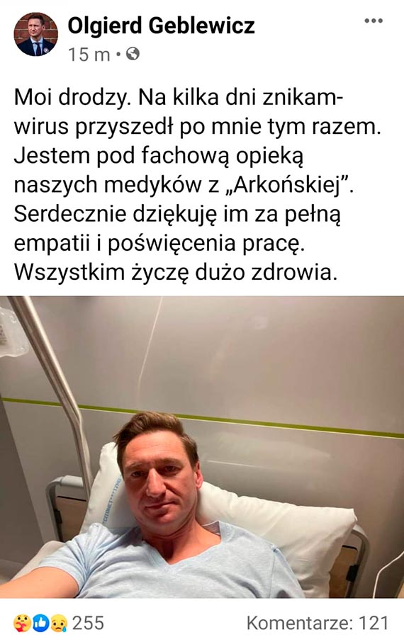 Marszaek wojewdztwa zachodniopomorskiego Olgierd Geblewicz ma koronawirusa. Przebywa w szczeciskim szpitalu