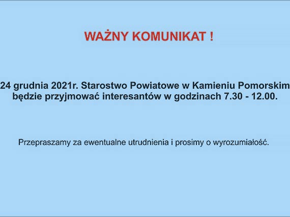 Starostwo Powiatowe - godziny urzędowania 24.12.2021