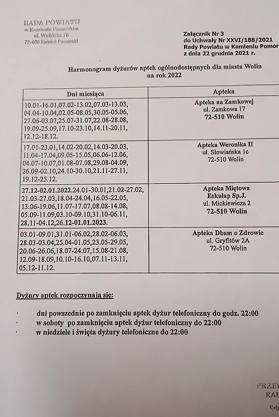 Dyury aptek w 2022 roku w Wolinie oraz gminie Midzyzdroje