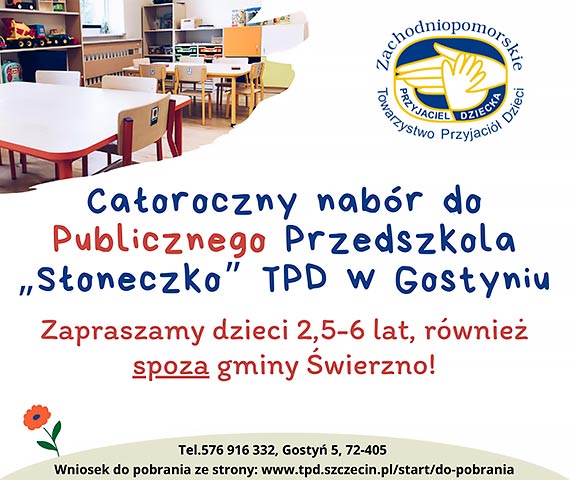 Publiczne Przedszkole TPD w Gostyniu ogasza caoroczny nabr, rwnie dla dzieci spoza gminy wierzno