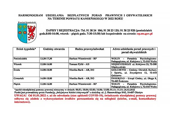 Harmonogram dyurw nieodpatnej pomocy prawnej na terenie powiatu kamieskiego