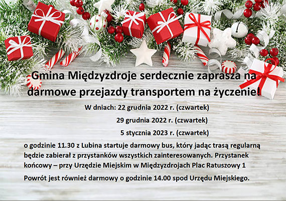 Gmina Międzyzdroje zaprasza na darmowe przejazdy transportem na życzenie 11:30 (z Lubina) - 14:00 (UM Miedzyzdroje)