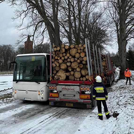 Zderzenie autobusu z ciężarówką wiozącą drewno! 
