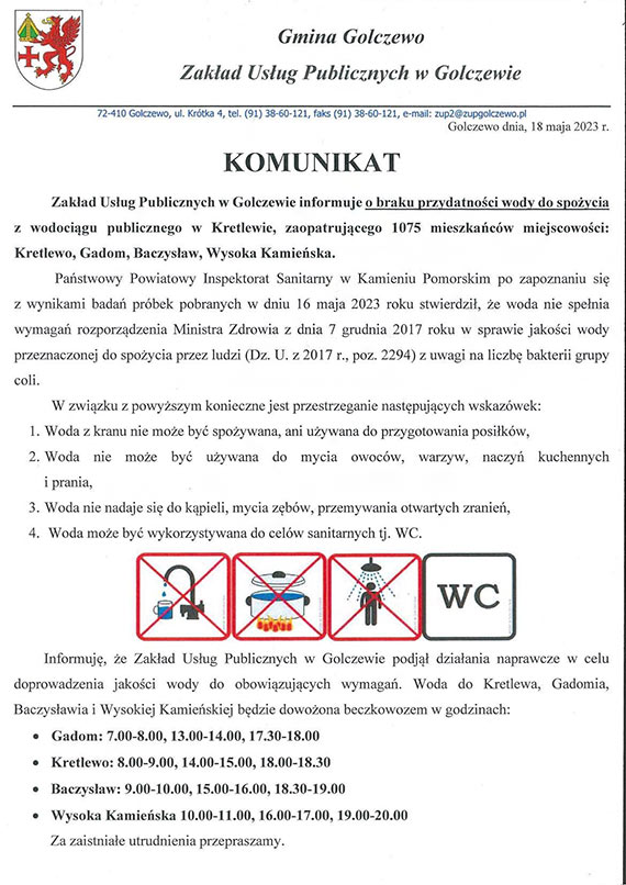 Komunikat  Zakładu Usług Publicznych w Golczewie o braku przydatności wody do spożycia