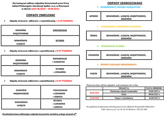 Sezonowy harmonogram odbioru odpadw komunalnych