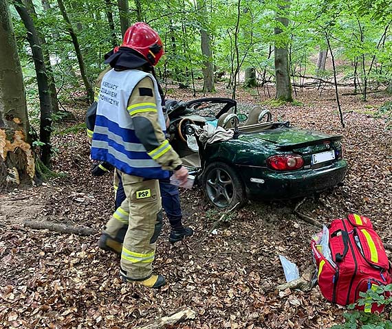 Wypadek drogowy na drodze wojewdzkiej 102 pomidzy Wisek a Midzyzdrojami: Mazda cabrio wypada z jezdni i uderzya w drzewo - kierowc zabrano do szpitala