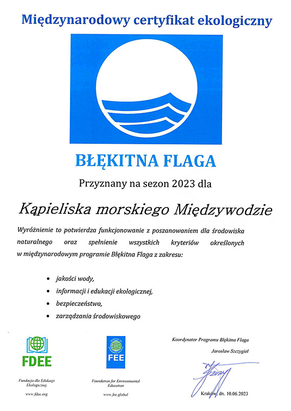 Certyfikaty „Bkitnej Flagi” dla kpielisk Gminy Dziwnw