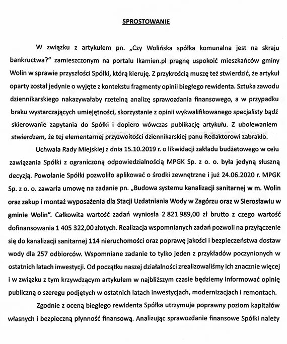 Wyjanienia prezesa zarzdu Miejskiego Przedsibiorstwa Gospodarki Komunalnej  Sp. z o.o. w Wolinie 