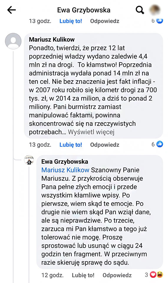 Burmistrz Ewa Grzybowska mija si z prawd i straszy mieszkaca sdem