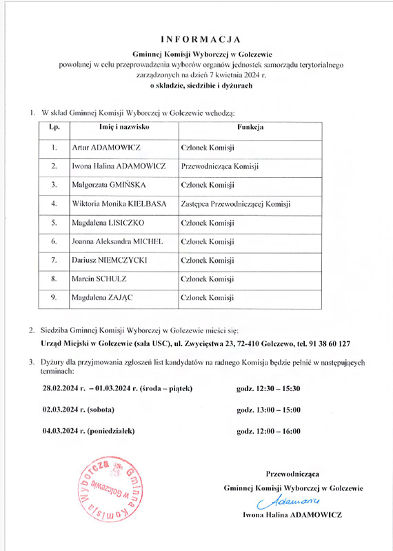 Informacja Gminnej Komisji Wyborczej w Golczewie