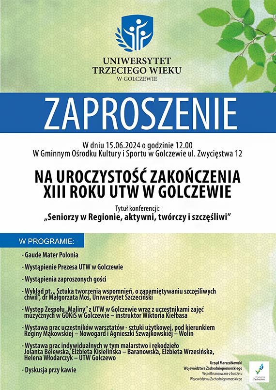 Zaproszenie na uroczysto zakoczenia XIII roku UTW w Golczewie