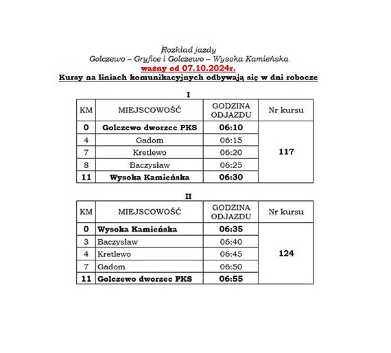 Zmiana w rozkadzie autobusw linii Golczewo-Gryfice