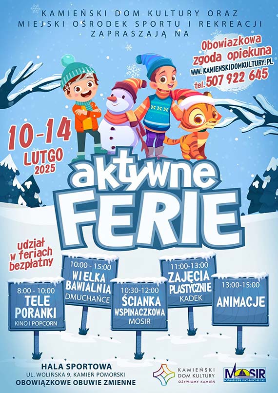 AKTYWNE FERIE w II tygodniu ferii, w dniach od 10 do 14 lutego 2025r.